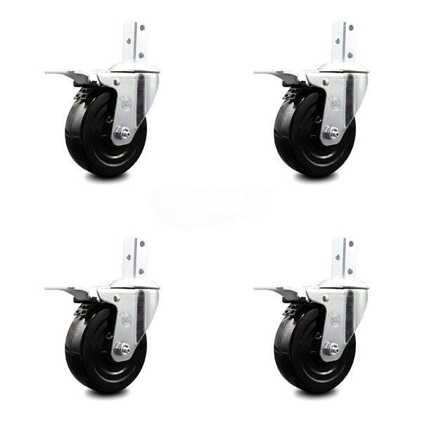 4 Inch Hard Rubber Wheel Swivel 7/8 Inch Square Stem Caster Set Total Lock Brake